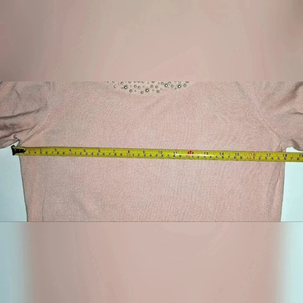 Karl Lagerfeld Paris Faux Pearl Neck Pale Pink  Lightweight Pullover Sweater, M - Picture 8 of 11